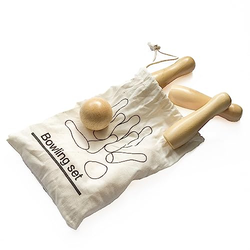 Chinchilla® Mini Bowling-Spiel First Strike | 6 Holz-Kegel und eine Kugel | Umweltfreundlicher Baumwollbeutel | Tischbowling | Spaß für die ganze Familie | Freizeitvergnügen