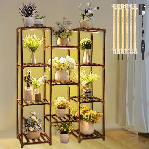 Dreyoo Pflanzenständer mit Wachstumslichtern, Holz-Pflanzenregal mit Vollspektrum-Wachstumslampe für Innenecke, mehrschichtiger beleuchteter Ständer für Wohnzimmer, Balkon, Display (11-stöckige Form)