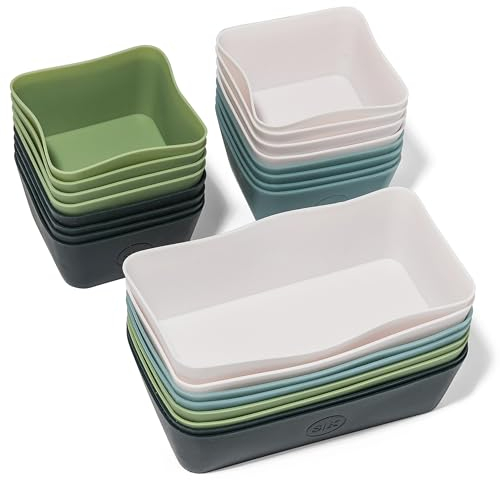 The Silicone Kitchen Reusable Silicone Bento Baking Cup, Non-Toxic, BPA Free, Dishwasher Safe Bento Box Accessories Lunch Box Dividers, Square and Rectangle, 24 Pack, Blue, White, Green