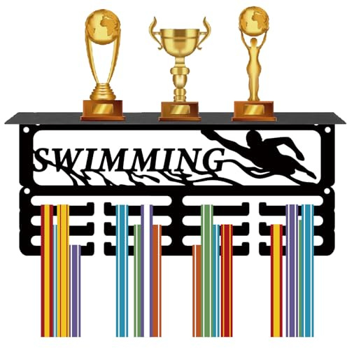CREATCABIN Schwimmen-Medaillenhalter,Trophäenregal,Medaillenaufhänger,Display Mit Regalständer,Kleine Sportarten,4 Reihe,Wandhalterung Für Männer,Schwimmen,Laufen,Schwimmen,29x13x10cm-Schwarz