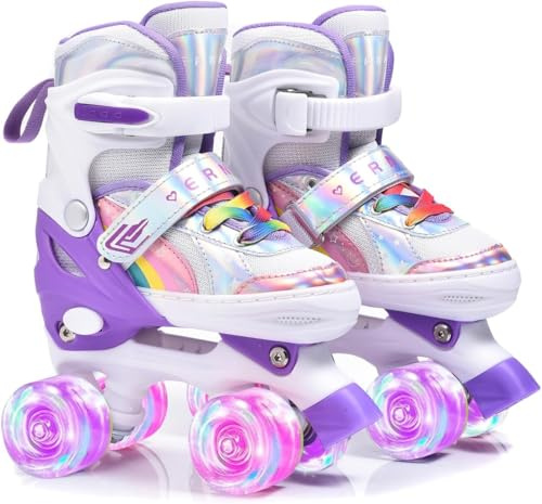 ERNAN Roller Enfant Filles et Garçons,Patin a Roulette Enfant 4 Taille Réglable, Roller Quad avec 8 Roues Lumineuses. Patins à roulettes pour Enfants pour débutants (Rainbow Purple, M)