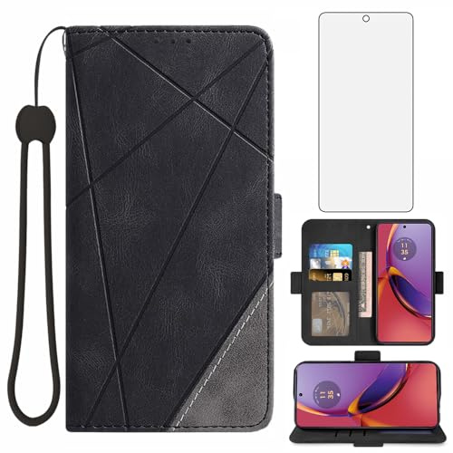 Asuwish Handyhülle für Motorola Moto G84 5G Hülle mit Glas Folie Schutzfolie und Kartenfach Klappbar Leder Geldbörse Ständer G 84 84G Handy Hüllen Handyhüllen Schutzglas Schutzhülle Phone Case Schwarz