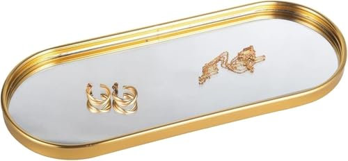 Goldenes dekoratives Tablett, Tabletts zur Dekoration, ovales verspiegeltes Tablett, kleines verziertes Kosmetiktablett, Parfümtablett, Make-up-Schmuck-Organizer-Tablett, dekoratives Tablett for Kommo