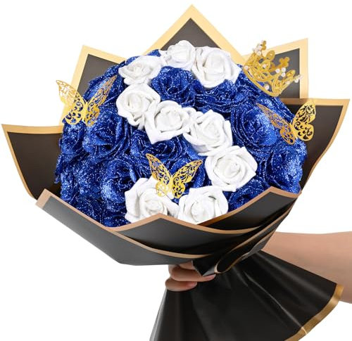 36+20 Glitzer Rosen Blumenstrauß, DIY Gefälschte Blumen Blumenstrauß, Basteln Sie die Initialen Ihrer Lieben Namen mit künstlichem Rosenstrauß für Valentinstag, Jahrestag, Hochzeit, Blau & Weiß