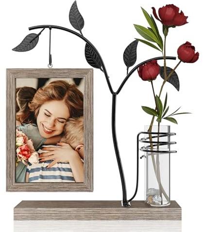 Reixuier Bilderrahmen mit Vase,Bilderrahmen 10x15 Vintage KöNnen 2 Fotos mit Vase und Metall Baum für Muttertagsgeschenk,Geschenk Uroma,Mama Geschenke,Erntedankfest,Weihnachten (Dunkel Braun)