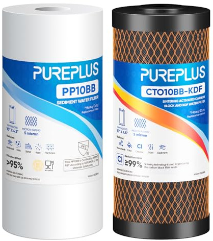 PUREPLUS Kit combiné de cartouche de filtre à eau pour toute la maison 11,4 x 25,4 cm avec filtre à sédiments, filtre à charbon actif KDF& Kit de remplacement pour filtration d'eau de 5 microns, 1