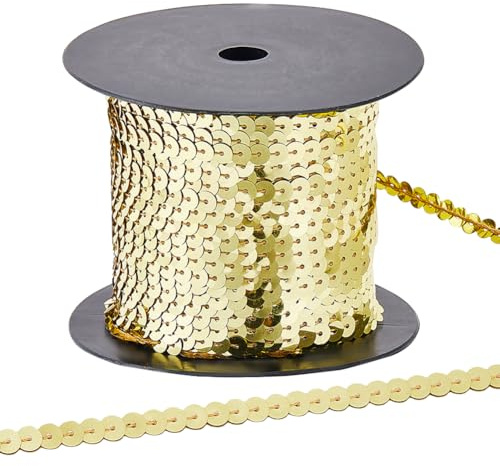 CABODYALS 91.44M 6mm Oro Paillettes Nastro Oro Paillettes Paillettes Elastico Rotolo Paillettes Piatto Rotondo Striscia di Paillettes con Bobina Nastro Lucido Corda per Fare Cucito Tende Scarpe Decora