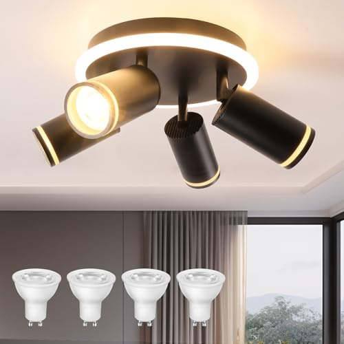 URing Deckenstrahler 4 Flammig Schwenkbar Deckenlampe Schwarz, Rund | Deckenleuchte Srahler mit Unteres Glühen 8W+4x5W GU10 LED, 3000K Warmweiß, Modern Deckenspot Lampe für Küche Wohnzimmer Flur