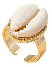 IMINI Anillo bohemio chapado en oro con concha natural para mujeres y niñas, joyería de vacaciones de verano, banda ligera de diseño abierto, talla O UK, Metal, Sin piedras preciosas