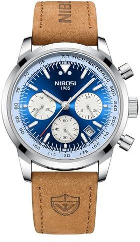 NIBOSI Orologio Cronografo da Uomo, Quadrante Blu, Cinturino in Pelle Marrone, Cassa in Acciaio, Regalo, Impermeabile, Raffinato, Sportivo, Fashion, Elegante, Classico, alla Moda, di Lusso, Vintage