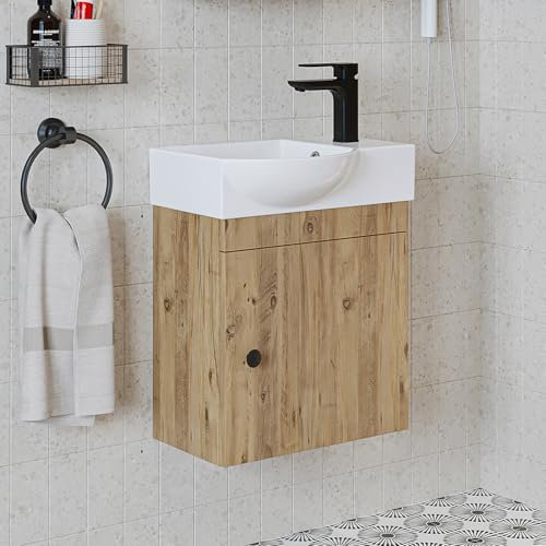 ROOMART Badmöbel-Set • Punto • Unterschrank mit Waschbecken • Badezimmermöbel • Gäste-WC (Eiche, Unterschrank mit Waschbecken (Wasserhahn-rechts))