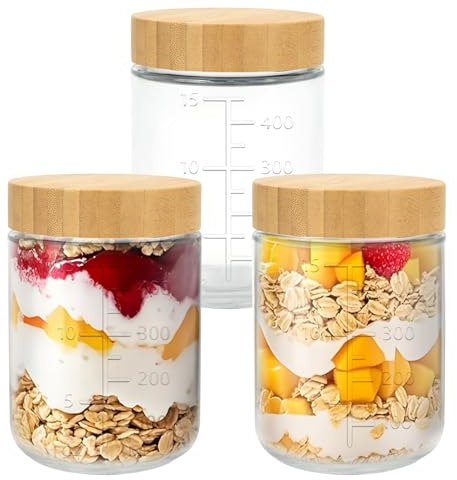BJSSBJH 3-Pack Overnight Oats Containers with Airtight Lids, 16 OZ Wide Mouth Glass Jars with Measurement Markings, Glass Food Containers for Snack Salad Spice Sugar Food Yogurt Meal Prep (3)