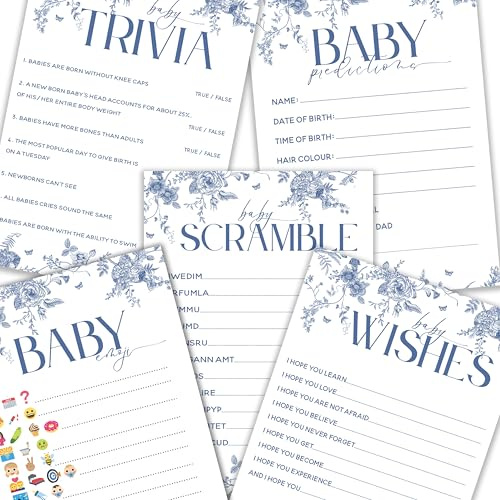 Baby Shower Games Bundle, 5-in-1 Blue Floral Design, Trivia, Predictions, Scramble and Wishes Cards