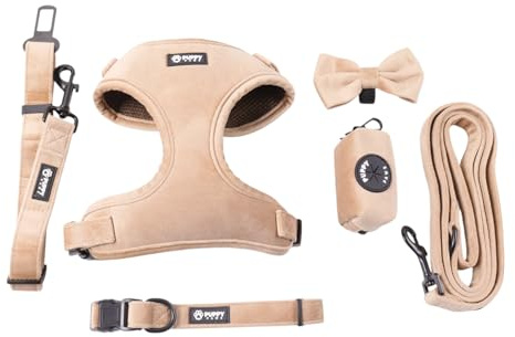 PUPPYPAWS™ Harnais Chien Kit 6 Pièces - Harnais Veste Ajustable, Laisse, Collier avec Nœud Papillon Détachable, Ceinture de Sécurité Voiture, Harnais Respirant, Distributeur de Sacs à Crottes (S)