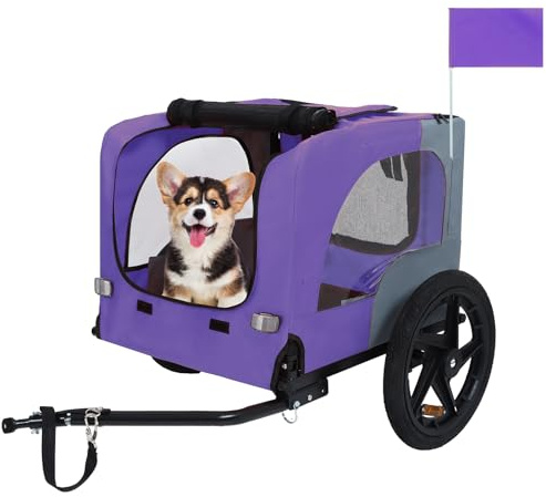 Universal Dog Bike Trailer Cargo, Pet Carrier with Quick Release Wheels for Small Medium Dogs 66lb, Foldable Bike Wagon with Internal Leash, Lightweight Bicycle Cart for Camping, Jogging (Purple)
