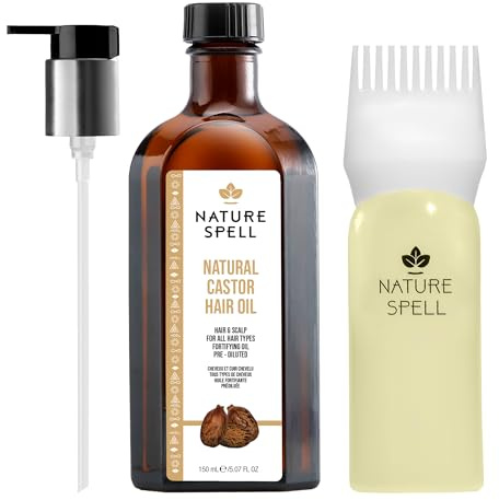 Nature Spell Castor Oil for Hair, Skin, Eyelashes, Eyebrows and Nails, Pre-Diluted Castor Oil for Hair Growth & Scalp, Split Ends and Dry Skin, with Pump and Root Comb Applicator, Vegan, 150ml