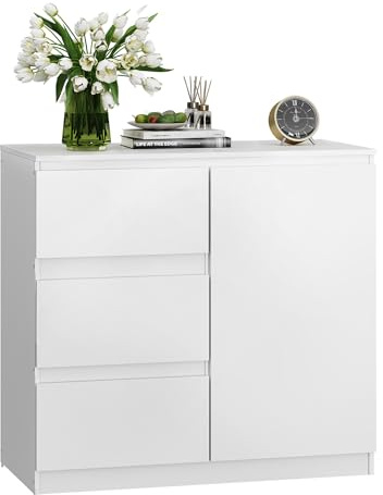 WLIVE Sideboard & Kommode mit 3 Schubladen, Schrank mit 1 Tür 2 Regalen, Modernes Sideboard, für Wohnzimmer, Schlafzimmer, Flur, Weiß, 80 x 75 x 40 cm