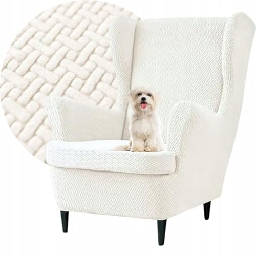 Domidekor Ohrensessel Überzug – Sesselschoner – Sesselbezug Stretch Creme - Strandmon Sessel Bezug – Sesselhusse Elastisch Jacquard Fischgrät Schmutzabweisend - Oeko-Tex 100