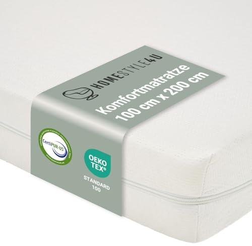 Homestyle4u Matratze 100x200 cm Rollmatratze H2 Schaumstoff | Schaumstoffmatratze Weiß Komfortschaum Rollmatratze 10 cm hoch Bezug Waschbar