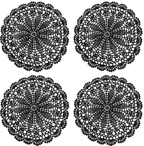 QUARKZMAN 4 Stück Spitzendeckchen, 23cm Deckchen Rrund Häkeldeckchen gehäkelt, Baumwolle, Spitze, Tischsets, Vasenpads, Geeignet für Küche, Esszimmer, Dreamcatcher Dekoration Schwarz