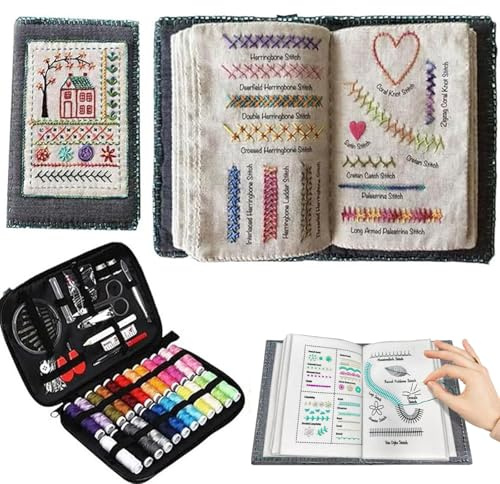 UNOZAVER Anfänger Sticken Set, Tragbares Embroidery Buch Kit mit Reise Nähset Nadel Fadenset und Anleitung für Kunst DIY Handwerk Nähen