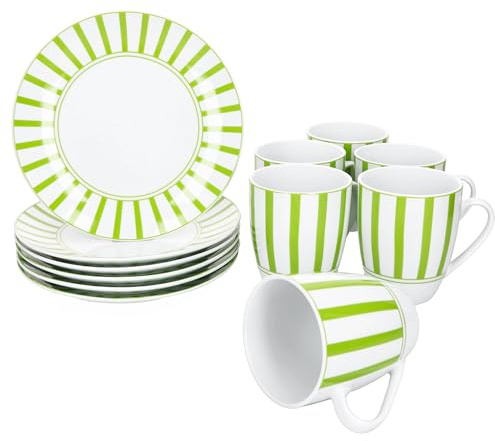 MamboCat Split Green Service de petit-déjeuner 12 pièces I 6 assiettes à gâteau rayées et 6 tasses à café en porcelaine I 6 personnes I Décor à rayures vertes I Pour petit déjeuner et café