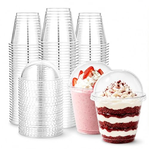 YuLiMirich 50 Stück Dessertgläser Plastik mit Deckel, 270ml Dessertbecher Plastik Wiederverwendbar, Runde Dessertbecher Transparenter Parfait Vorspeisenbecher mit Löffeln für Pudding Mousse Party