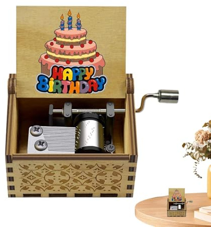 Generisk Happy Birthday-musikbox – trä, 6,5 x 5,2 x 4,2 cm handvev | tårtdesign, musikbox | Bärbar födelsedagsmelodi presentförpackning för fest, barn, dekoration, minne, överraskning,
