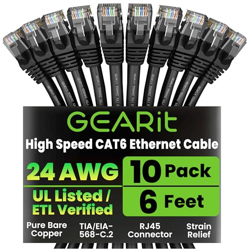 GEARit Cat 6 Ethernet Patch Cable 6 ft Black (10 Pack) Cat6 Patch Cables 6ft Black/Ethernet Patch Cable, 10Gbps 550MHz 24AWG Pure Copper, Snagless, Gold Plated RJ45 for Router, Server, Router, PC