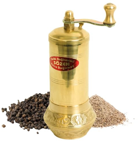 Sozen - Molinillo de pimienta manual de latón hecho a mano de 4.7 pulgadas, molinillo de pimienta cónico portátil de acero inoxidable, molinillo de pimienta turco portátil de manivela