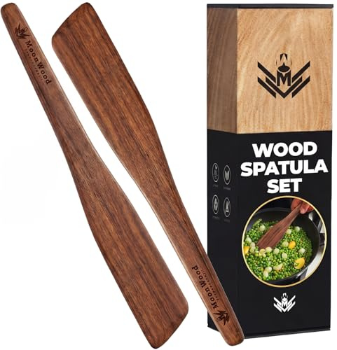 Wooden Teak Spatula Set (2-Pack), 12 Inch Flat Turner & Scraper for Cast Iron, Eggs and Pancakes – Heat-Resistant Natural Wood Cooking Utensils