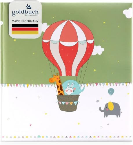 goldbuch 15 177 Babyalbum Ballonfahrt im kindgerechten Design, Kunstdruck Fotoalbum mit 58 weißen Blankoseiten, Pergamin & 4 illustrierte Seiten, Baby Album zum Einkleben, Papier, ca. 30 x 31 x 4 cm | Babyfotobuch mit buntem Kunstdruck-Einband lustige Ballonfahrt, 58 weißen & 4 illustrierten Seiten, Pergamin-Trennblätter