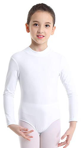 Freebily Kinder Mädchen Ballettanzug Langarm Stehkragen Ballettkleid Ballett Trikot Overall Tanzbody Gymnastikanzug Turnanzug Ballettbekleidung Weiß 98-104/3-4 Jahre