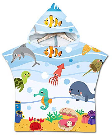 Chickw1 Poncho à Capuche Enfants, Microfibre Serviette avec Capuche Cartoon Peignoir De Séchage Rapide Robe de Bain Plage Poncho de Natation pour garçons et Filles (60 * 80cm,Hippocampe Vert)