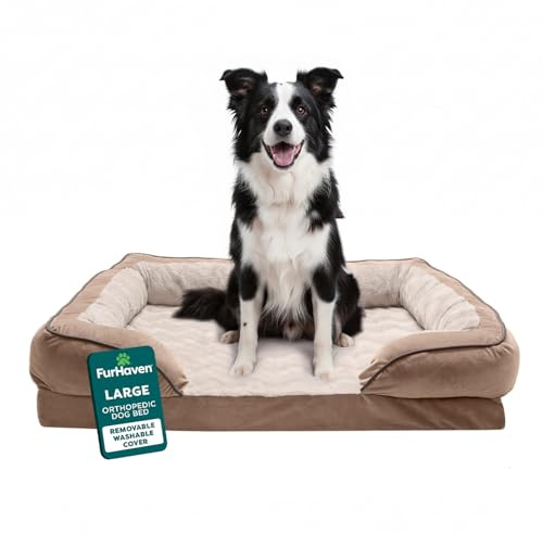 Furhaven Orthopedic Dog Bed for Large/Medium Dogs w/ Removable Bolsters & Washable Cover, For Dogs Up to 55 lbs - Plush & Velvet Waves Perfect Comfort Sofa - Brownstone, Large