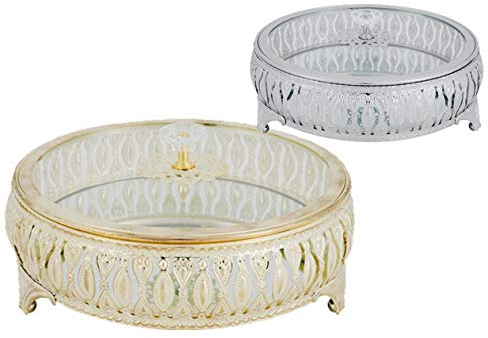 Northam Plateau en métal miroir avec couvercle argenté et doré, style maison de campagne shabby Ch avec motif élégant (argent)