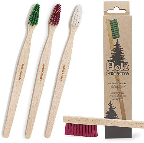 WALDKRAFT Holz-Zahnbürste Blackforest, 3er-Set, Made in Germany, Buchenholz, Bio-Nylon Besatz (3-Set - Erwachsene, grün - weiß - rot)