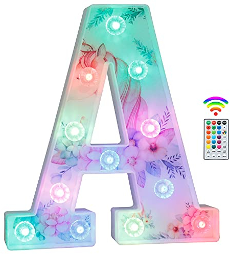 Unicorn LED Light Up Letters, 18 Color Changing Diamond Alphabet Sign Unicorn Gifts for Girls Women Party Birthday Decorations Remote Night Light Christmas Valentine Wall Table Decor - A