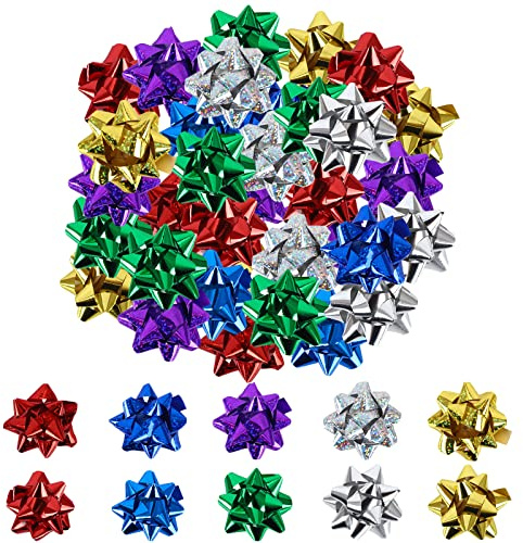 50 Stück Geschenk-Schleifen, Dekorative Schleifen für Weihnachten und Geburtstag Geschenke, 5 Farben Band Schleifen für Geschenk-Verpackung, 5cm große ziehen Schleifen, Metallic Geschenk Schleifen