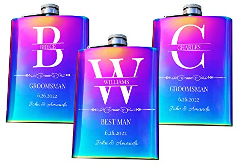 Matchore Party Set von 3 personalisierten Trauzeugen Flachmann, benutzerdefinierte Gravur 237 ml Edelstahl Flachmann Flachmann für Hochzeit Gastgeschenke, Trauzeugen Geschenkset, Regenbogen