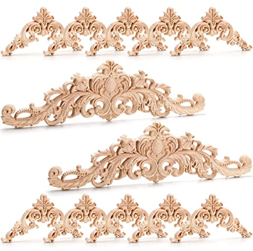 Coloch 12 Pieces Wood Appliques Onlays, Decorative Wooden Applique Trim Carved Unpainted DIY Onlay for Bed, Door, Cabinet, Dresser, Wardrobe, Furniture Decoration, 2 Sizes