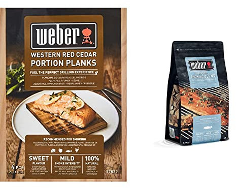 Weber Tablas para ahumar (Madera de Cedro, 4 Uds) & 17665 - Virutas Seafood 700 g, Negro, 30.5 x 27.2 x 17.2 cm, 17665