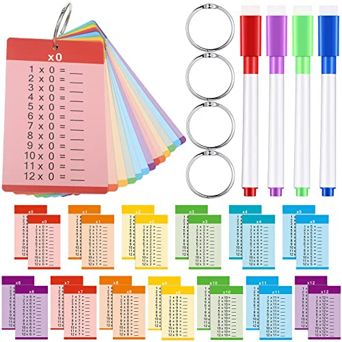 Geyee 52 Pieces Multiplication Flash Cards Times Table Card for 1st to 3rd Grade Kids with 4 Dry Erase Markers and 4 Rings Set Math Flash Cards Educational Times Table Flashcards Learning Supplies