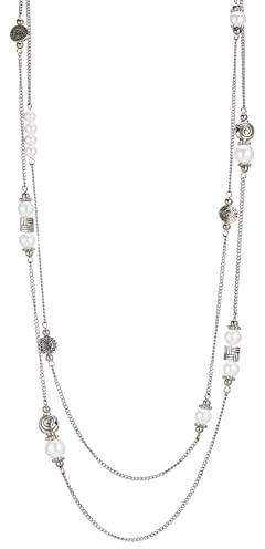 BULINLIN Layered Silver Long Necklace for Women Natural Stones Beaded Pearl Necklace Costume Silver Jewellry Mothers Day Gifts for Her(White pearl)