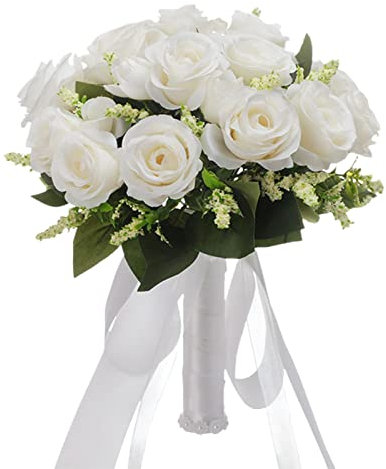 Bridal Bouquet, Artificial Rose Bouquet With Silk Ribbon And Rhinestone, Bridal Wedding Bouquets, Artificial Flower Bouquet For Table Decoration, Bride Holding Flower For Wedding, Engagement (B)