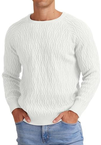 Sailwind Suéter de invierno de punto trenzado para hombres casual suéter sólido de manga larga para hombres, blanco, L