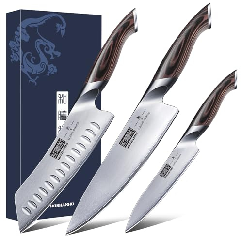 HOSHANHO 3 Pieces Kitchen Knife Set, Professional Japanese Stainless Steel Chef Knife Set, Ultra Sharp Knives for Kitchen with Ergonomic Pakkawood Handle