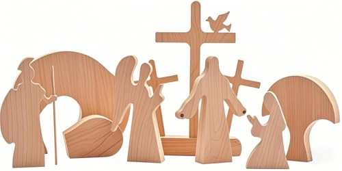 BigTree 8 pcs Easter Scene Wooden Decoration Resurrection Scene Set Religious Decorative Cross Tabletop Decor Table Centerpiece Easter Religious Party Table Ornaments Decor