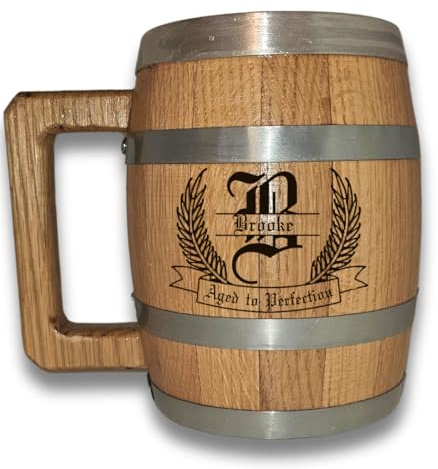 LAS VILLAS DESIGNS Personalized Oak Wood Barrel Beer Mug Tankard with Stainless Steel Interior - Engraved with Your Name