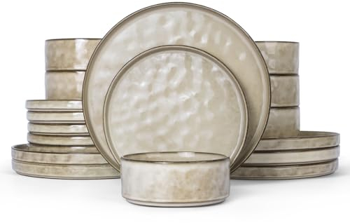Onader Set di stoviglie in gres porcellanato, 18 pezzi, piatti piani e piatti da dessert, per 6 persone, antigraffio e adatto al microonde, colore: cappuccino, cachi